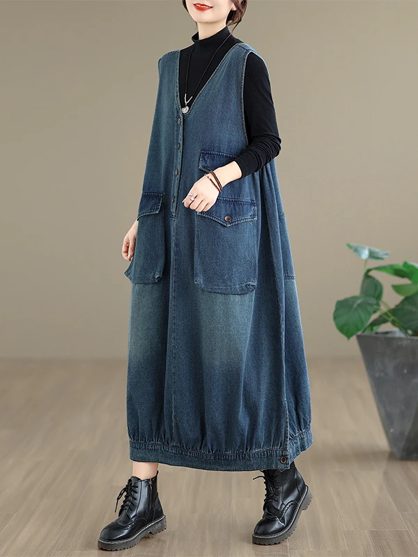 

Ретро джинсовое платье с V-образным вырезом для женщин, свободного кроя, с эффектом похудения, повседневное, для работы, лето-осень, модное, с высокой талией, короткий рукав