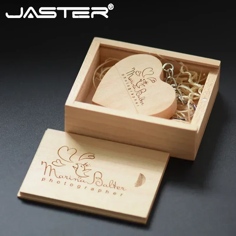 JASTER-lápiz de memoria USB 2,0 + caja, Corazón De Madera de nogal, logotipo personalizado gratis, con llavero, regalo de boda, disco U, 8G