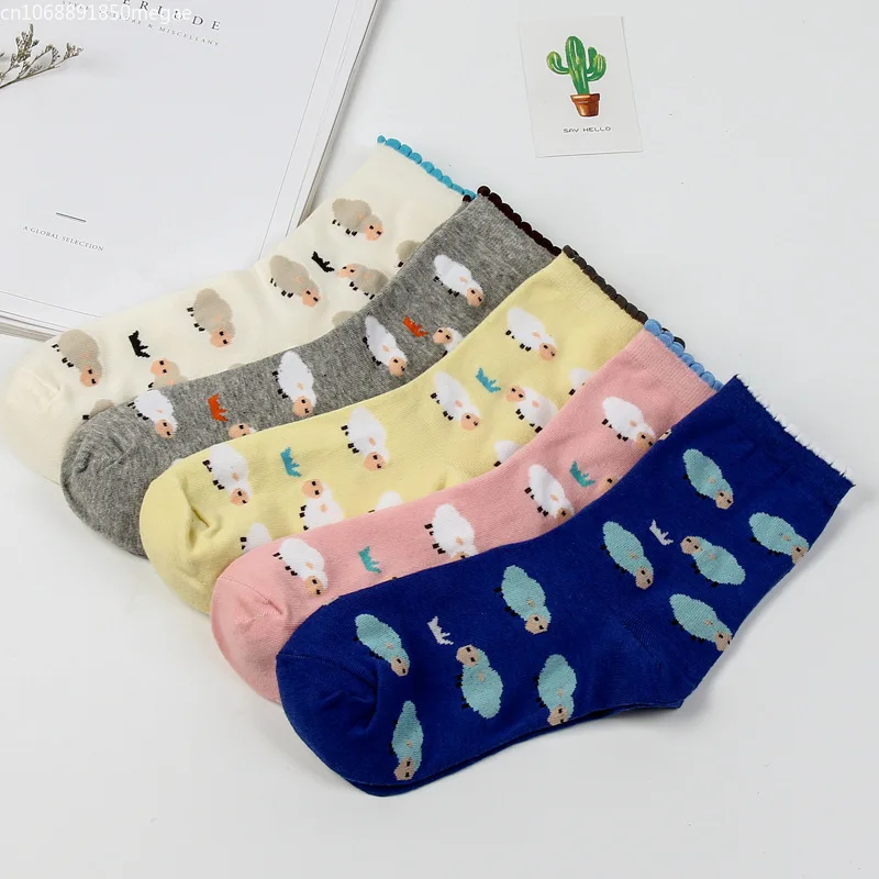 Korean Cartoon Sheep Print Cute Women Socks Japanese Style Kawaii High Long Socks Casual Harajuku Streetwear Cotton Crew Socks