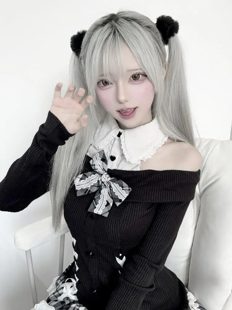 

Korean Harajuku Retro Black Knitted Long-Sleeve Bow Tops White Plaid Cake Two-Piece Set Women's Fashion Casual Outfit 2025 New