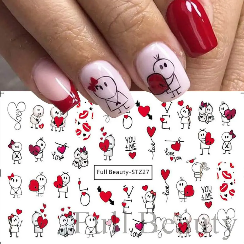 Love Heart Valentine Nail Art Sticker Cartoon Cute Couple Lover Water Transfer Nail Sliders Decal DIY Manicure Decoration NFFB