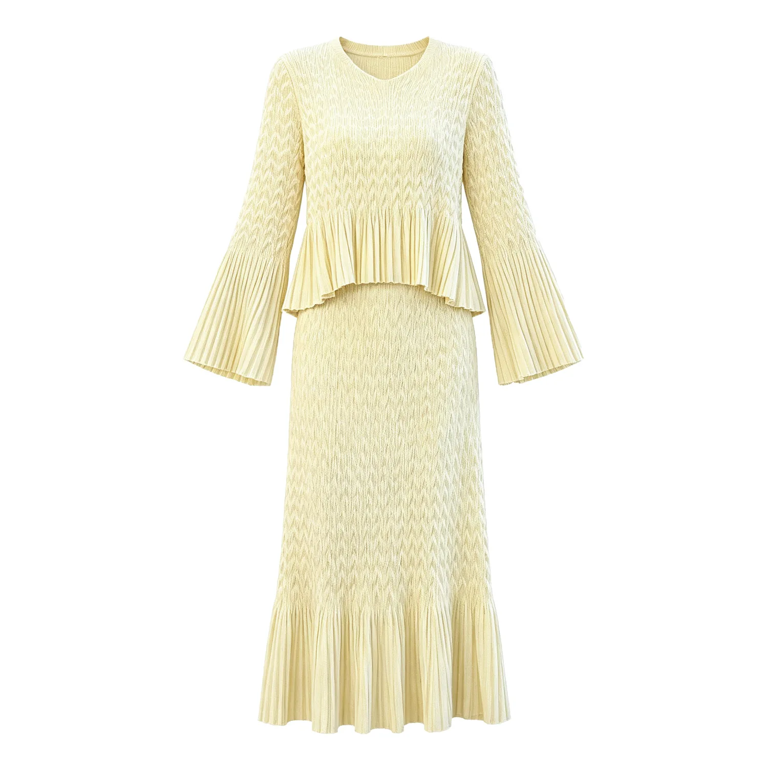 Miyake Women Pink Pleated Two Piece Set, V Neck Flare Sleeve Top + Long Skirt, Textured Ruffle Hem Elegant Casual Suit