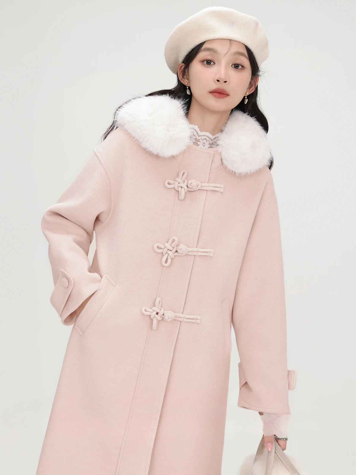 Fashion Sweet Pink Coats Women's 2024 Autumn Winter New Double-sided Tweed Blends Women's Long-sleeve Pocket Trendy Woolen Coat