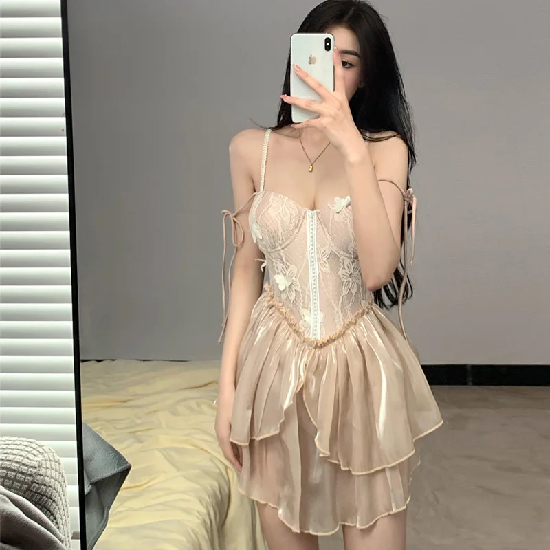 Wisuwore Swimsuit Female Summer 2023 Net Red Fairy Fan Conservative Belly Cover Thin Lace Skirt One-piece Hot Spring Swimsuit