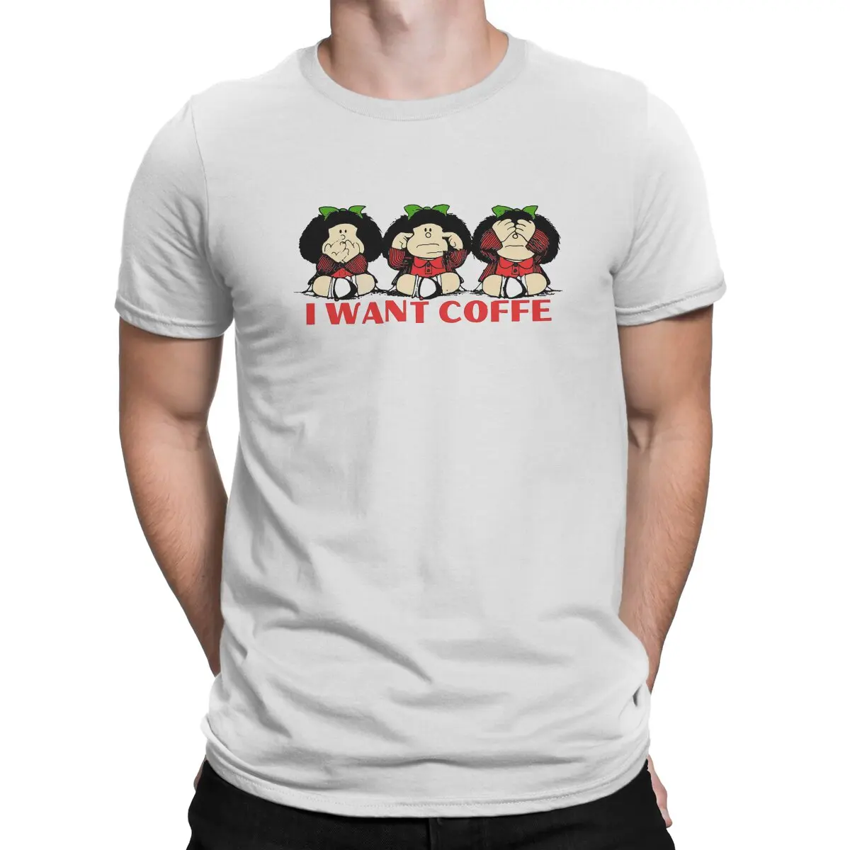 Mafalda Quino Comics Manga Girl I Want Coffe Tshirt Homme Men's Streetwear Blusas Polyester T Shirt For Men