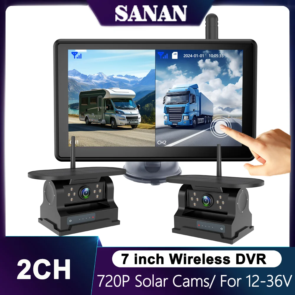 7 Inch Touch Monitor Truck Camper DVR Recorder RV Digital Wireless Backup Camera System With  2CH Wireless Solar Magnet Cameras