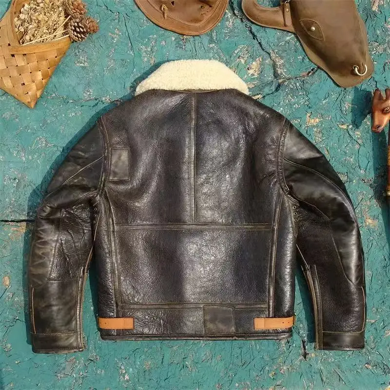 Tailor Brando Turkey Original Sheep Shearling & Vegetable Tanned Tea Core Cowhide Men's Classic Bomber Warm Genuine Fur Jacket