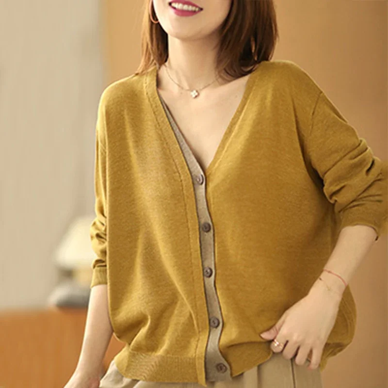 Casual v-Neck Sweater Cardigan For Women Fashion Contrast Color Placket All-Match Loose Temperament Office Lady Knitting Coats