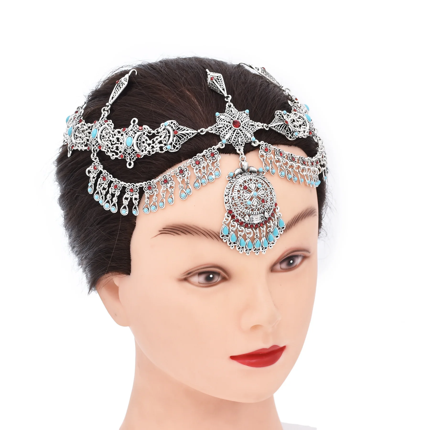 Retro Hollow Flower Crystal Flower fronte Head Chain Afghan turco etnico Tribe sposa accessori da sposa India gioielli per capelli