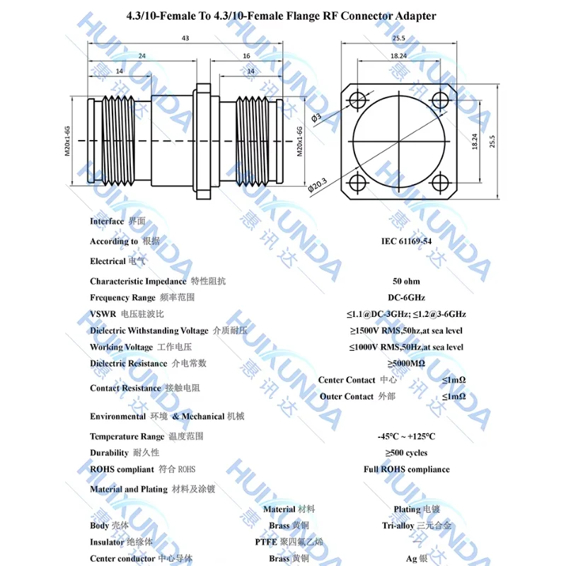 4.3-10-KKF 4310 Female Head to Female Head Four-Hole Flange Fixed Mini-DIN Connector for Electronic Components