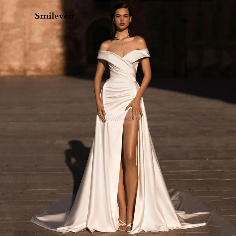 

Smileven Sexy Satin Off The Shoulder Mermaid Wedding Dresses A-Line White/Ivory Side Split Bridal Gowns vestidos de novia 2024