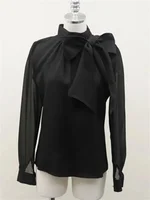 Femmes printemps été Style chemisiers en mousseline de soie chemises dame Casaul à manches longues blanc noir noeud papillon col haut Blusas 6