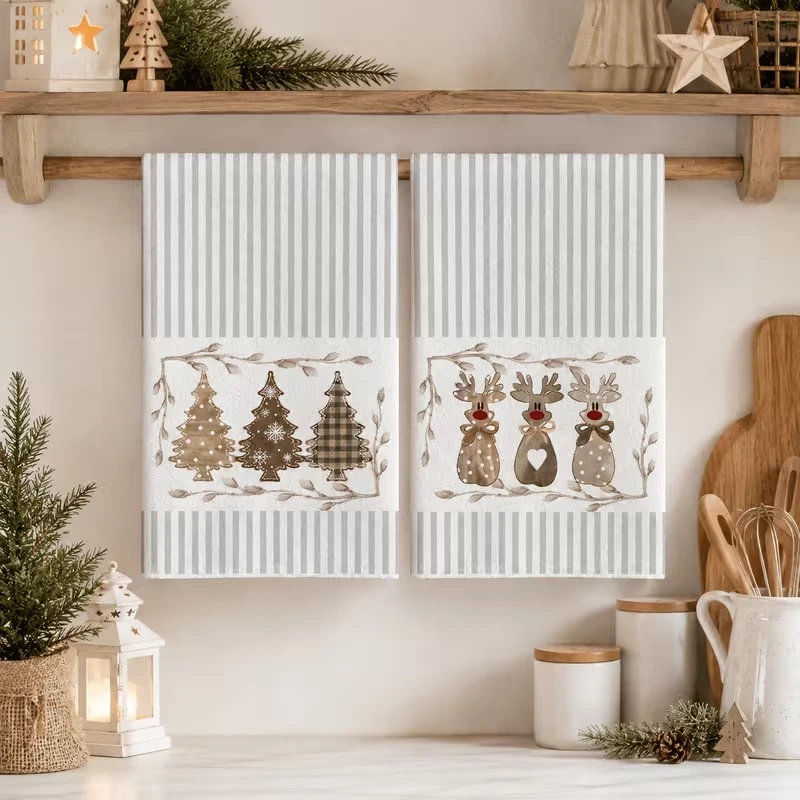 Christmas Tree & Elk Kitchen Towels, Dish Cloths, Christmas Winter Reindeer Tree Striped Printed Decorative
