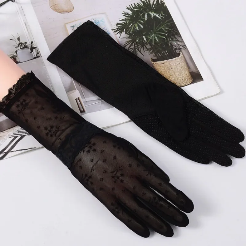 Солнцезащитные перчатки, противоскользящие кружевные перчатки из ледяного шелка, женские тонкие дизайнерские летние длинные перчатки с УФ-сенсорным экраном для вождения, версия средней длины