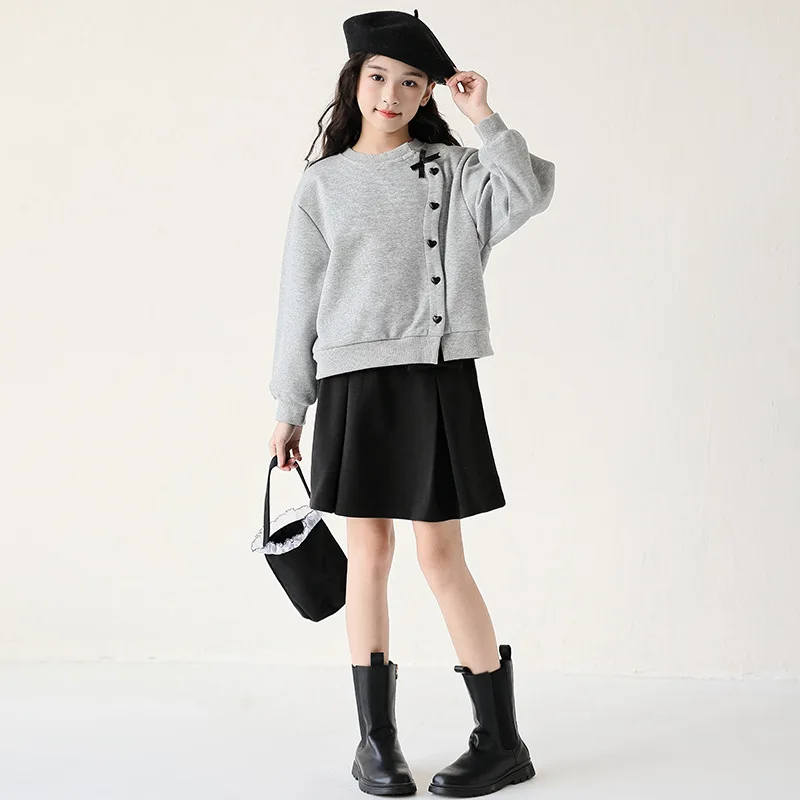 

Autumn Kids Girls Dress Sets Single-breasted Sweatshirt+Bowknot Dress 4-14Y Girls Dress Sets Long Sleeves Children Girls Dress