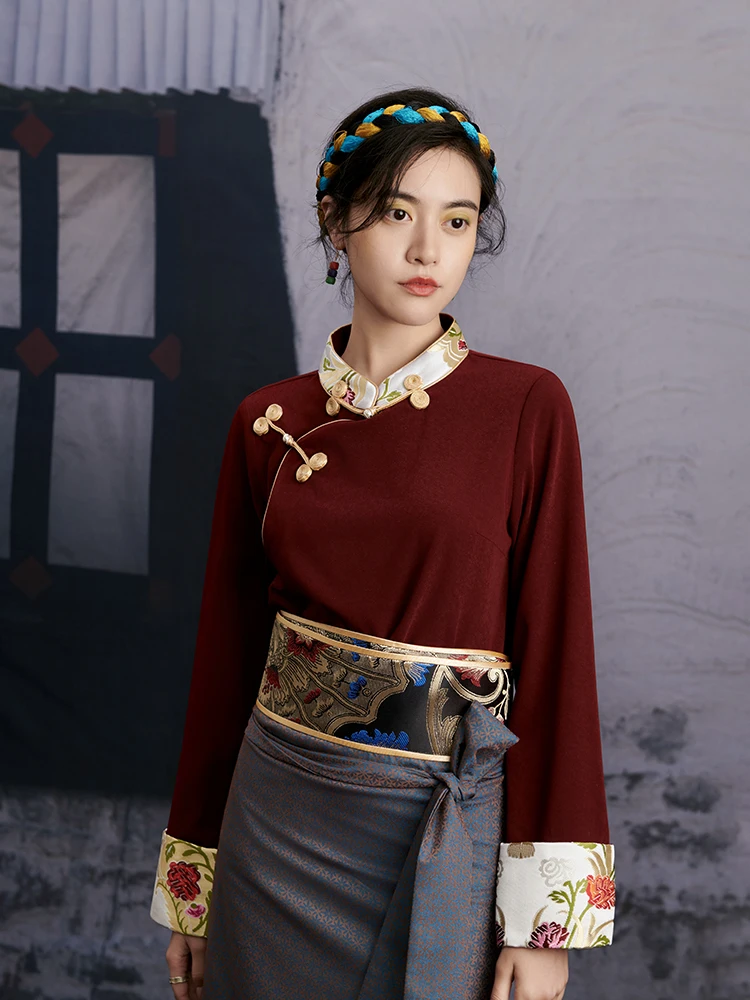 Vintage Burgundy Stand Collar Shirt Women's  Temperament Tibetan Costumes Suit National Style Chinese Knot Button Top Skirt