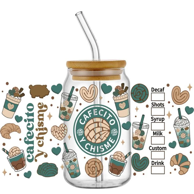 Cafecito Chisme design UV DTF Cup Wraps Transfer Stickers for 16 oz Glass Waterproof Coffee Series Decals with UV DTF Cup Wrap