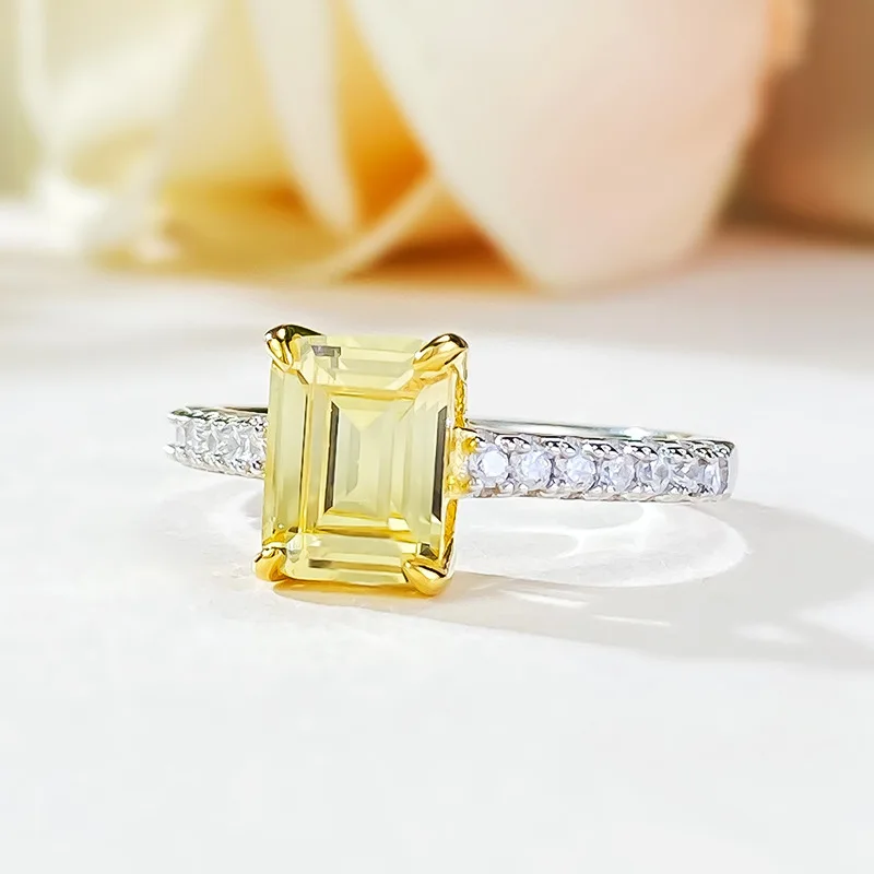 S925 Pure Silver Colored Diamond Yellow Treasure Simulation Diamond 1.5 Carat Pagoda Ring European and American Style Ring