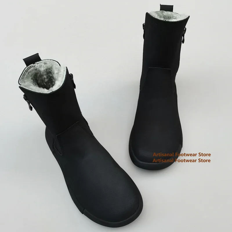 

High-Top Men's Snow Boots Winter Black Leather Thick Soled Zip-Up Boots British Style Men's Shoes Trendy Handmade Men's Boots