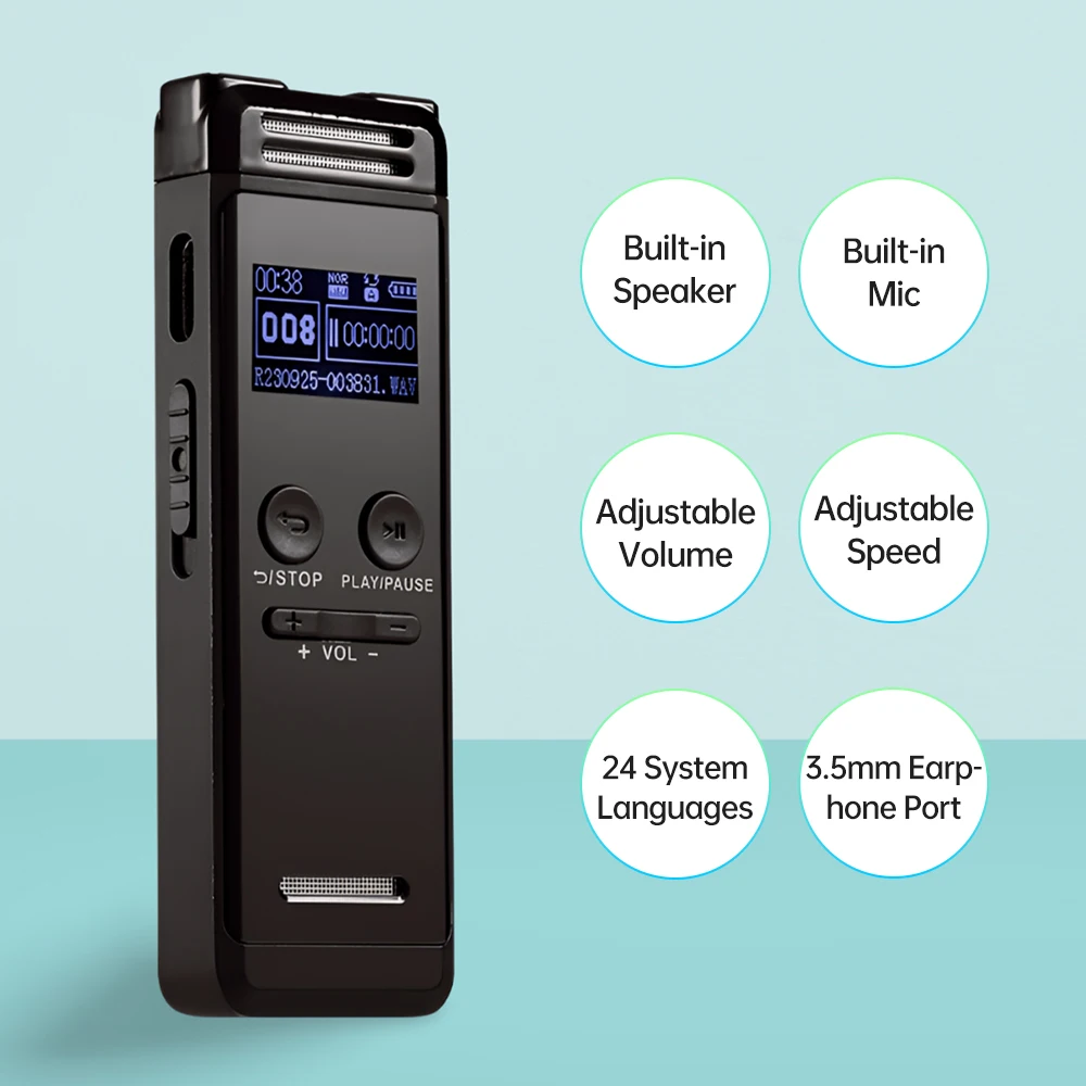 32G Digital Voice Recorder Activated Record Playback MP3 Music Player with Mic and Speaker 1536KBPS HD Recording Support Passwor