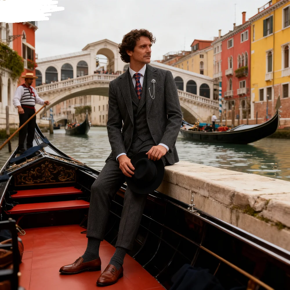 

Men's Tweed Spine Trench Coat Wedding Suit Casual Style 3-Piece Men's Fashion Terno De Espinha Transversal