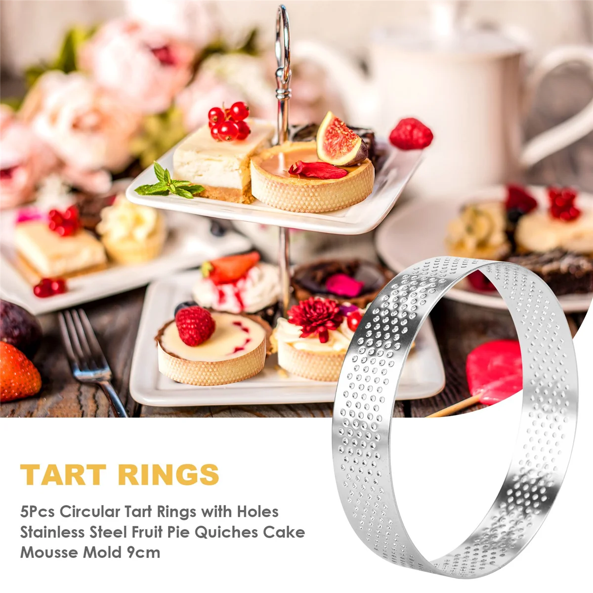 Y01A5Pcs Circular Tart Rings with Holes Stainless Steel Fruit Pie Quiches Cake Mousse Mold Kitchen Baking Mould 9cm