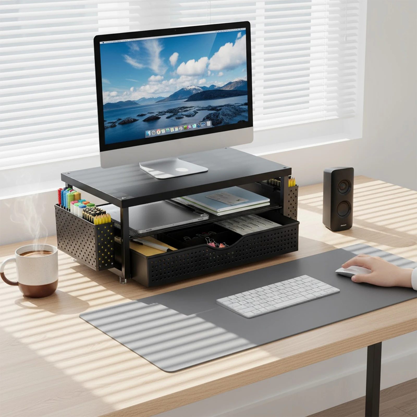 Ergonomic Computer Monitor Stand Riser with Adjustable Height and Space Saving Design for Office Home Use
