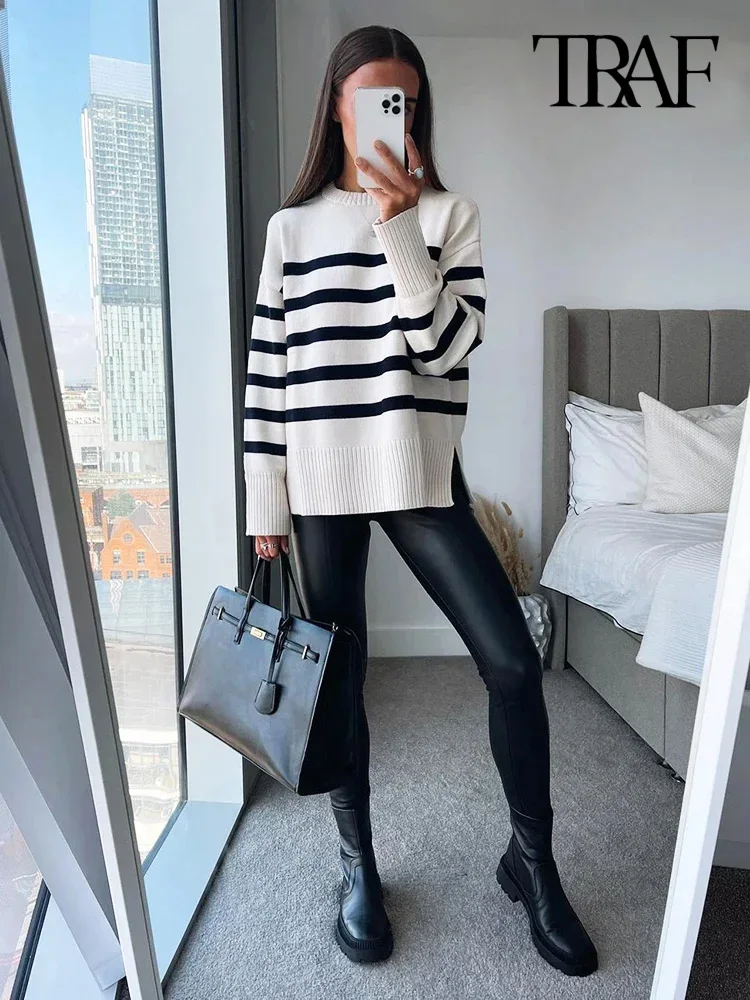 TRAF Fashion Oversized Striped Pullovers Women Knitted Basic Autumn Winter Loose-Fitting Thick Jumpers Sweaters Female Clothing