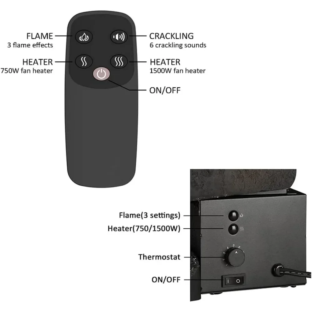 LegendFlame Juego de troncos para chimenea eléctrica independiente de 23 pulgadas de ancho (EF290), inserto para chimenea, calentador de 750 W/1500 W, sonido craquelado, control remoto