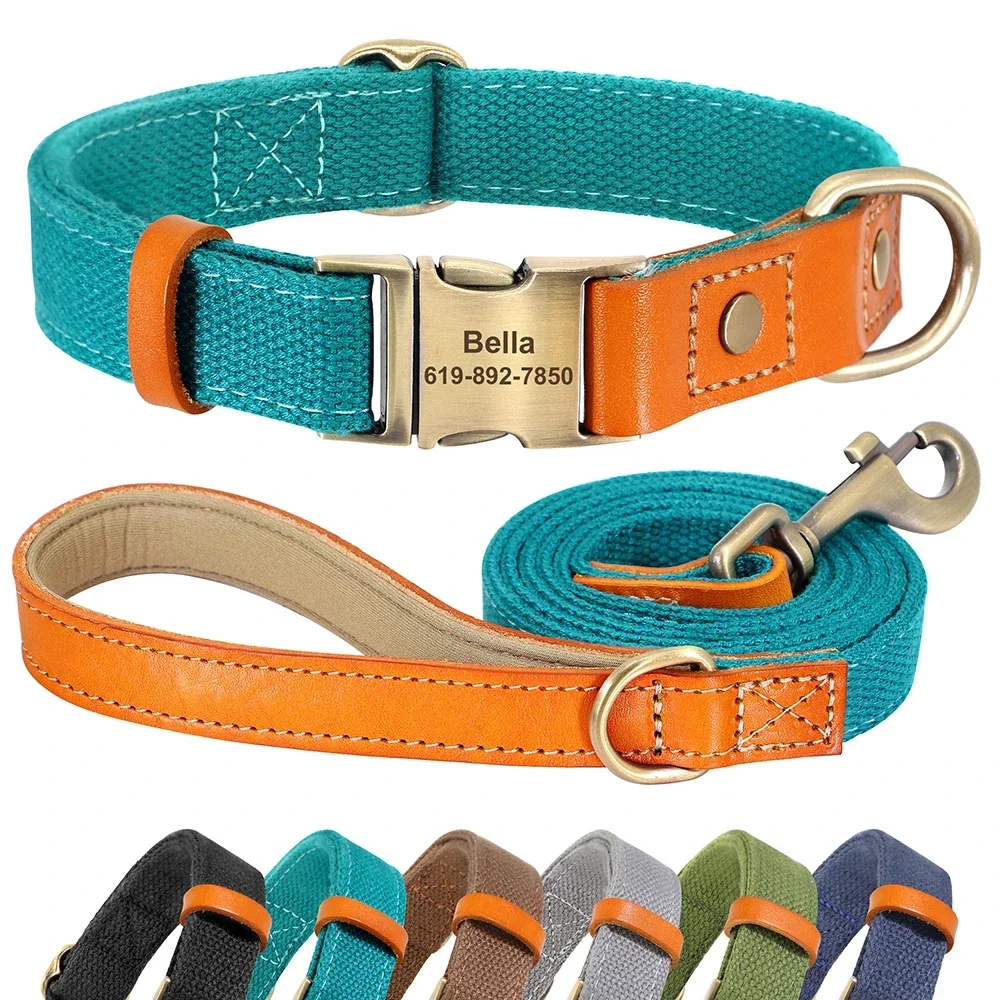 

Nylon Custom Dog Puppy Collar Leash Set Personalized Genuine Leather Pet Nameplate ID Tag Accessories Collars Pet Products Perro