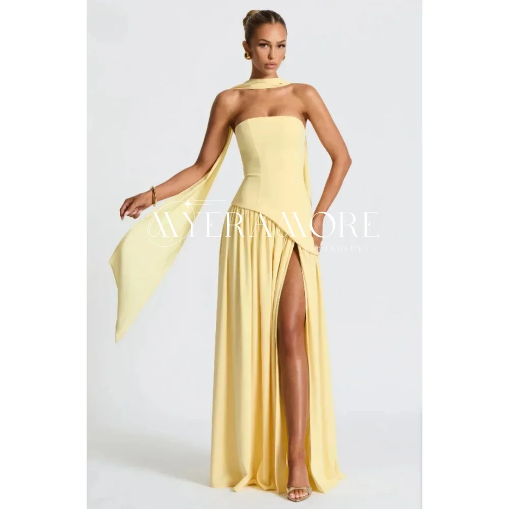 

Customized Yellow Side Slit robes de soirée Side Slit Satin Long Silk Scarves Saudi Arabic Prom Dresses 2025 Pleat Formal Gown