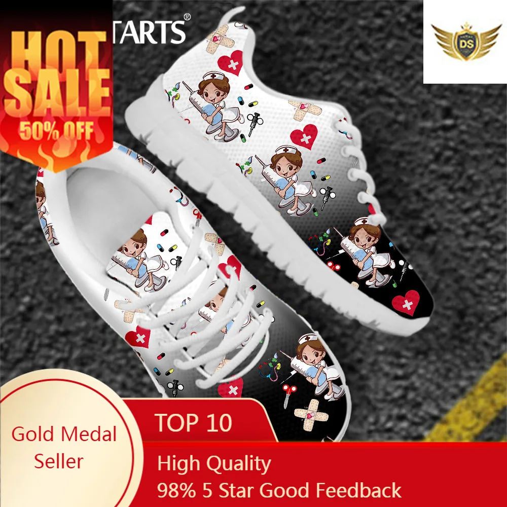 Gradient Nurse Shoes Women Breathable Sneakers Lovely Cartoon Nursing Print Casual Lightweight Flat Lace Up Footwear