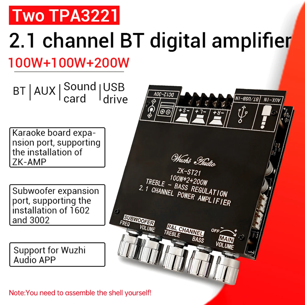 ZK-ST21 Bluetooth digital amplifier board 2.1 channel 100W+100W+200W subwoofer chip TPA3221 DC12-30V 10A