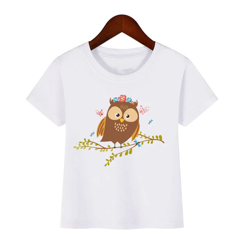 Camisetas divertidas con estampado de búho y Animal de dibujos animados para niños, camiseta blanca de manga corta para niñas, ropa encantadora para