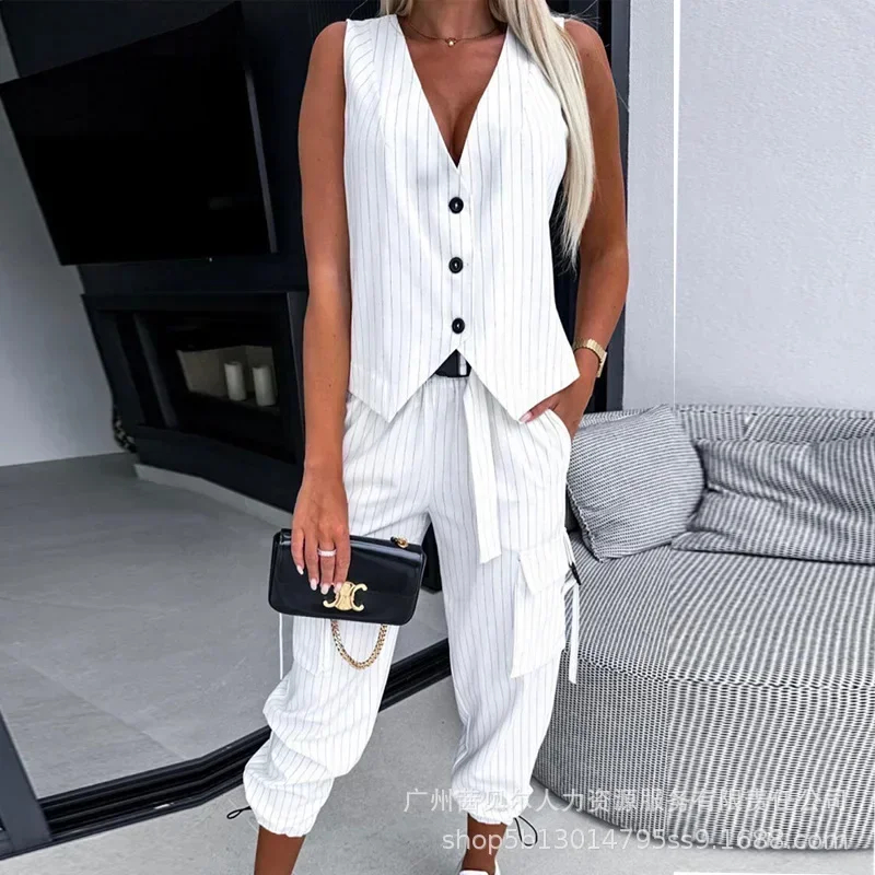 Striped Vest Top & Cuffed Pants Set Women Pant Sets Two Piece Suit Single Breasted V Neck Midi Waist Trousers Suits Pockets