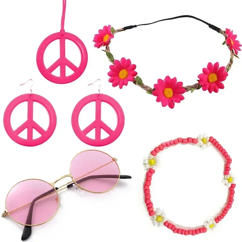 60s 70s retro disco hippie traje acessórios conjunto boho sinal de paz margarida flor favores hiphop decorações de festa para mulheres groovy