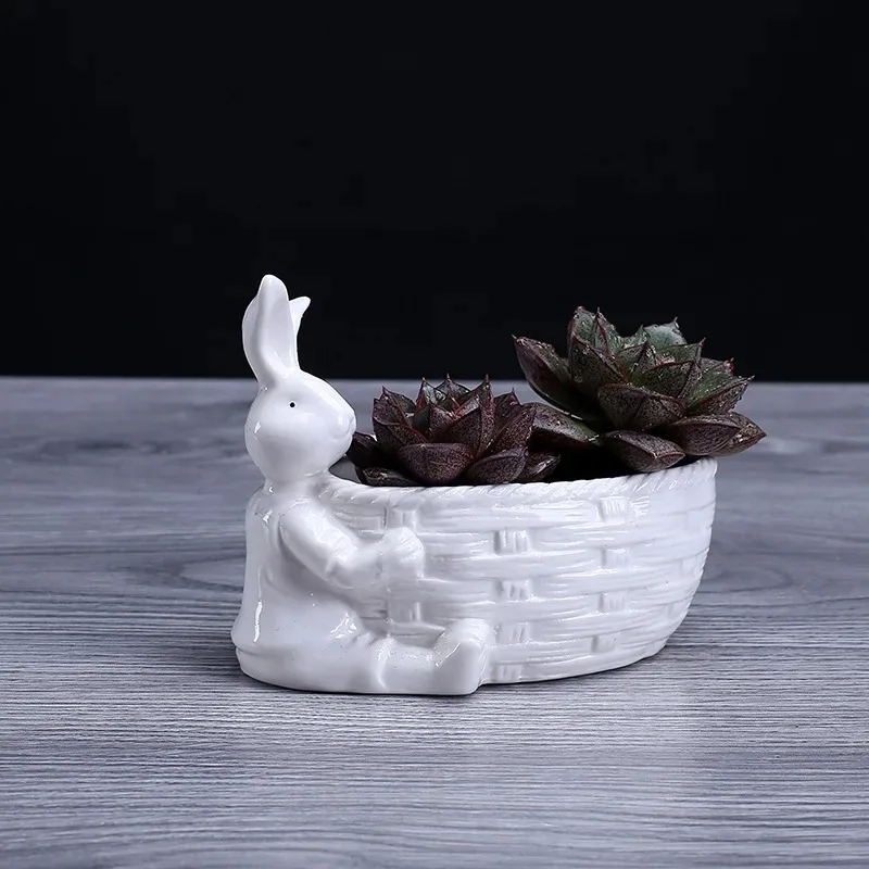 Porcelain Bunny Figurine Succulent Plant Pot Decorative Desktop Ceramics Rabbit Flower Planter Garden Ornament Craft Accessories