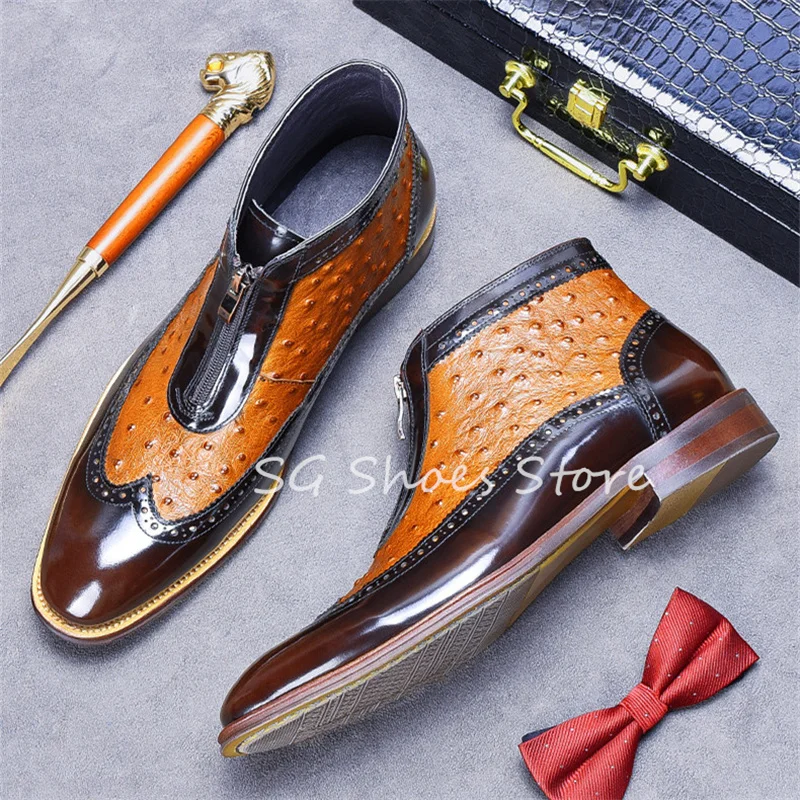 Handmade Genuine Leather Zip Short Boots for Men Mixed Color High Top Chunky Heel Chelsea Boots Male Party Business Dress Shoes