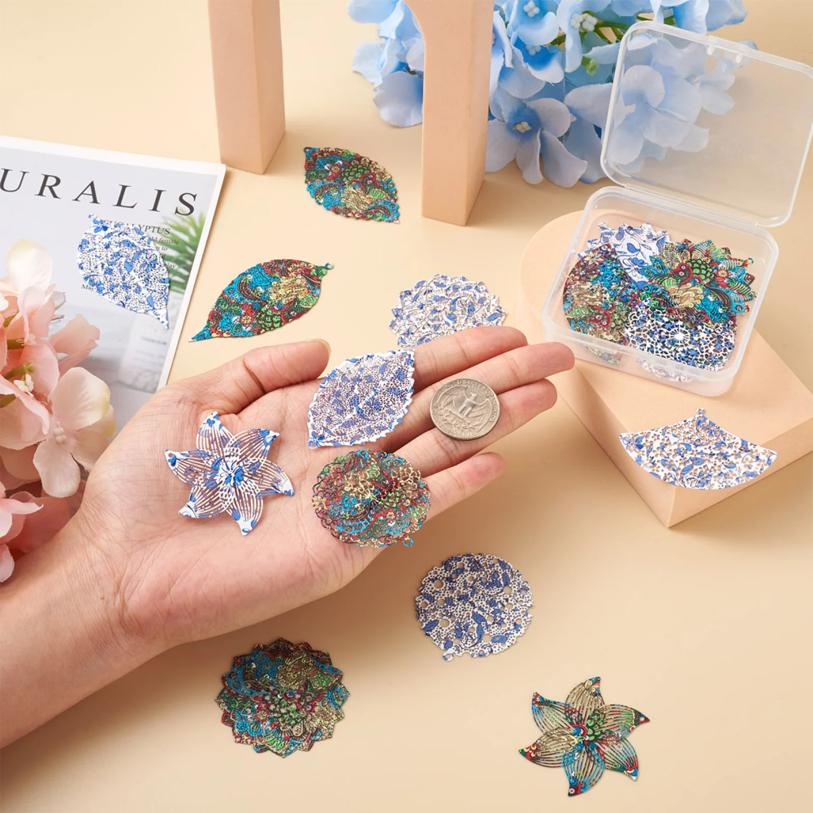 32Pcs Colorful Stainless Steel Hollow Filigree Flower Charms Pendant For Bracelet Necklace Earring DIY Jewelry Making Supplies