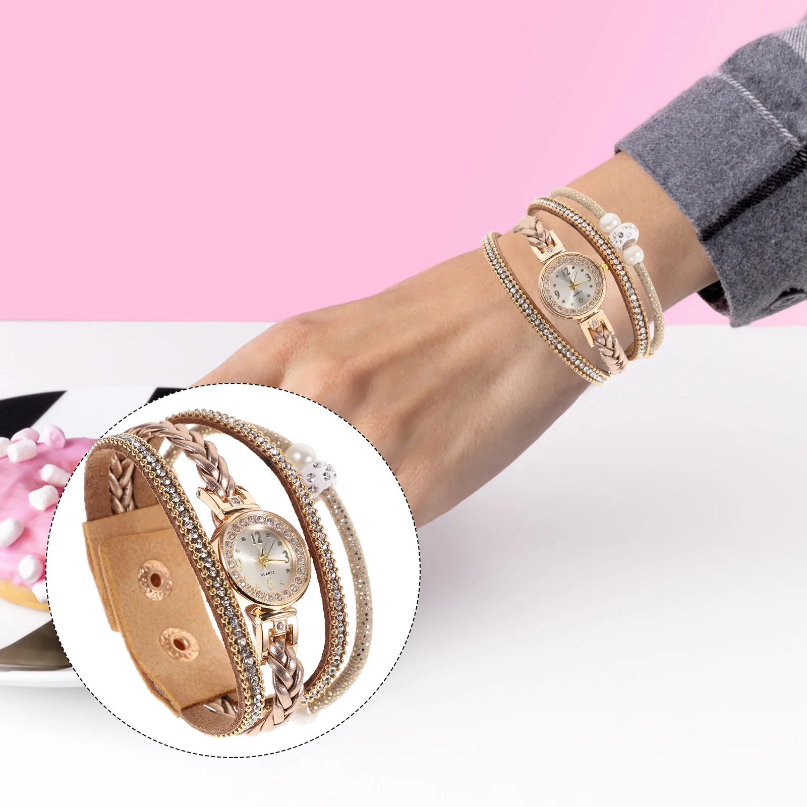 

Fashion Rhinestone Watch For Women Beige Multi-Layer Bracelet Quartz Watch Stylish Daily Wear Party Accessory