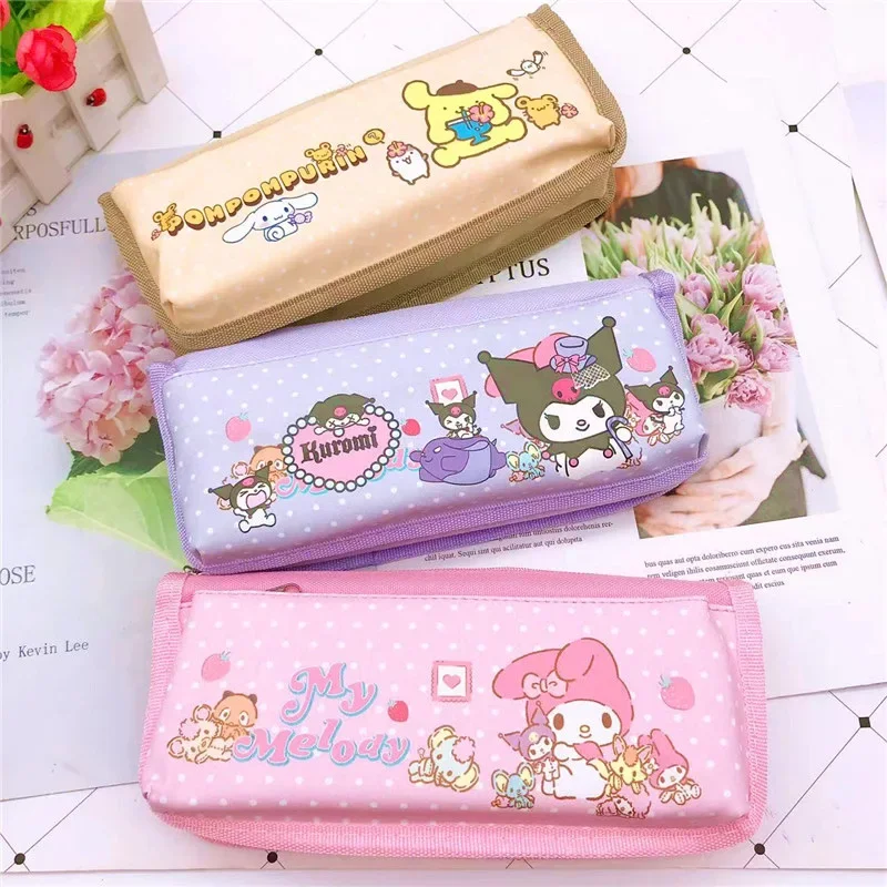 Hello Kitty Pencil Case High Capacity Kids PU Pencil Bag Sanrio Kuromi Pudding My Melody Cinnnamoroll Stationery Storage Bags