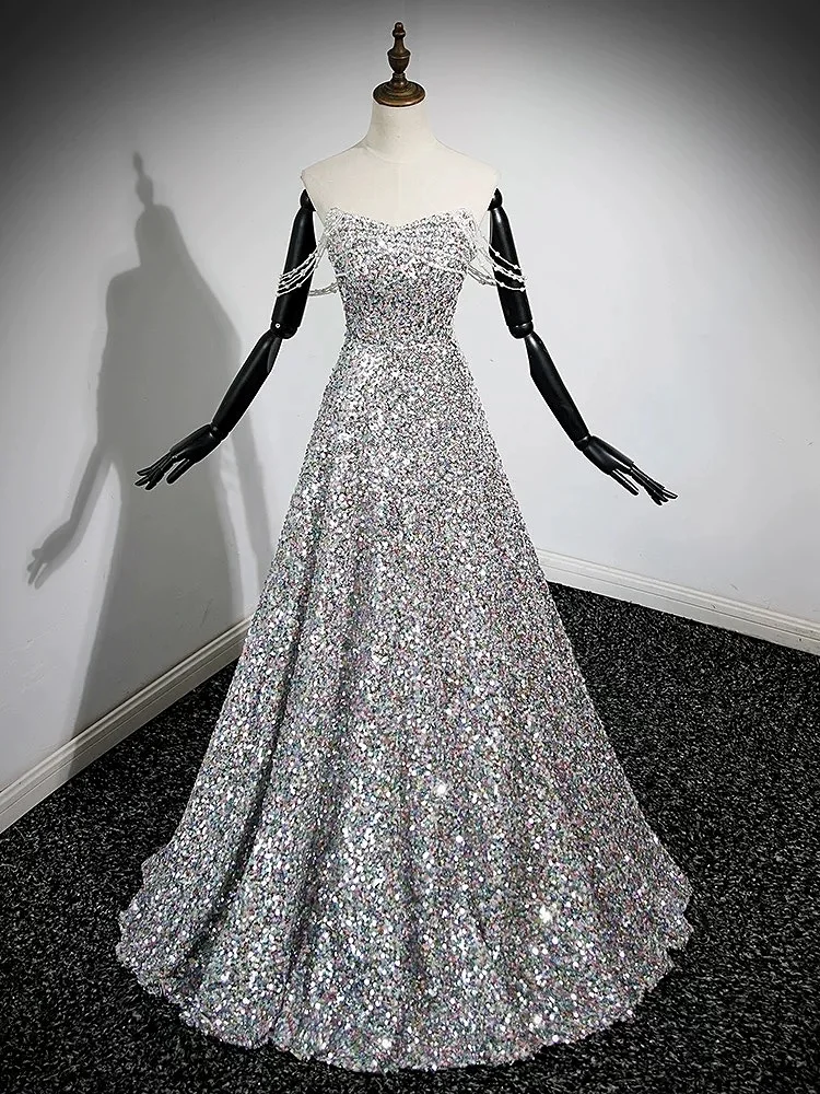 

Luxury Sequins Evening Dress Sweetheart Strapless A-line Sparkling Beading Sleeveless Lace-up Banquet Prom Party Gowns