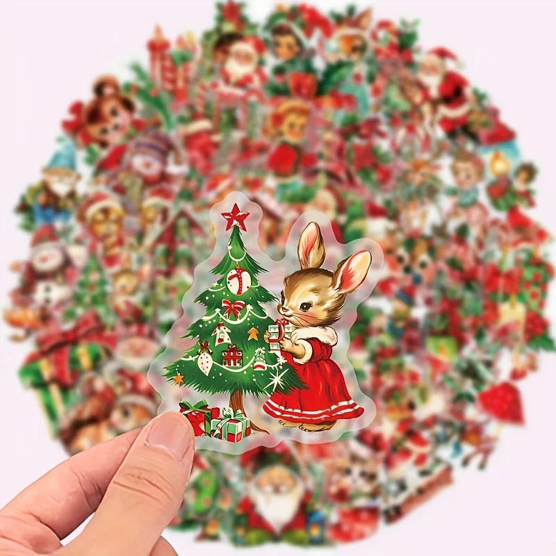 빈티지 크리스마스 스티커 - 고품질, 재사용 가능, 잔여물 없음 |   투명 배경, 빨간색 및 녹색 휴일 디자인 미술 용품