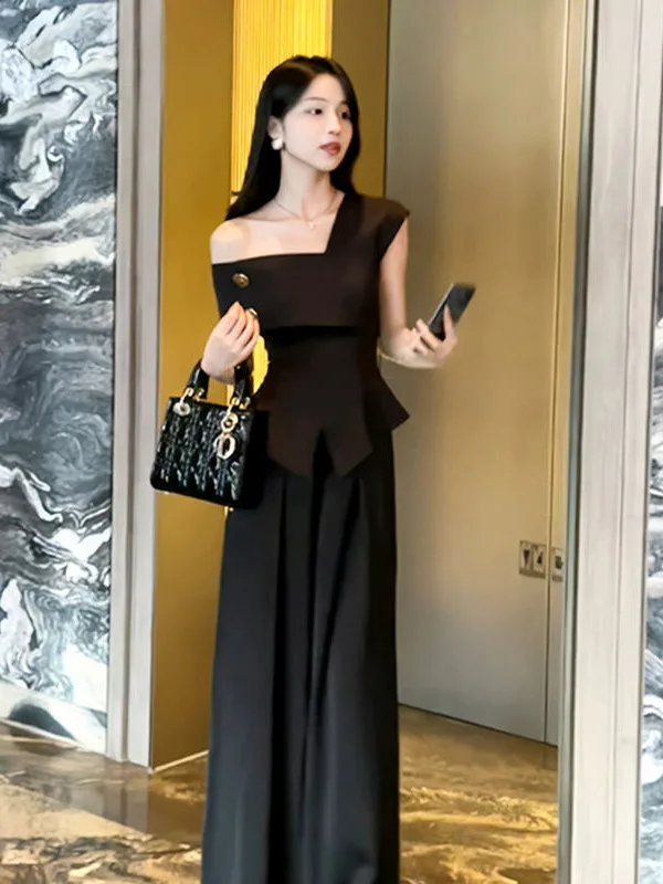 

Black Shoulder-baring Top High-waist Wide-leg Pants Commute Style Women's Fashion Set Summer Collection 2025 Trendy Design