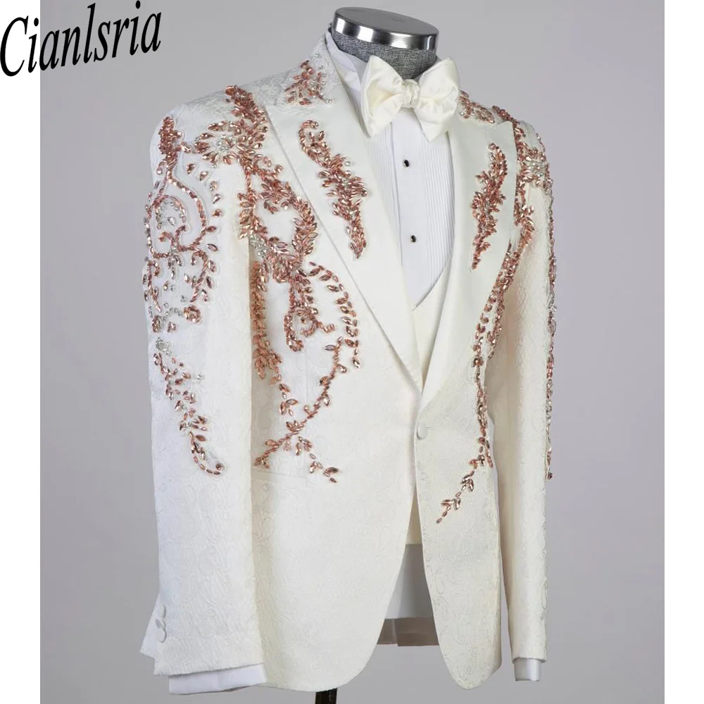 Men's White Tuxedo Suit Gold Applique Embroidered Beaded Blazer Slim Fit Luxury Wedding Groom Prom Party Dress Custom Made