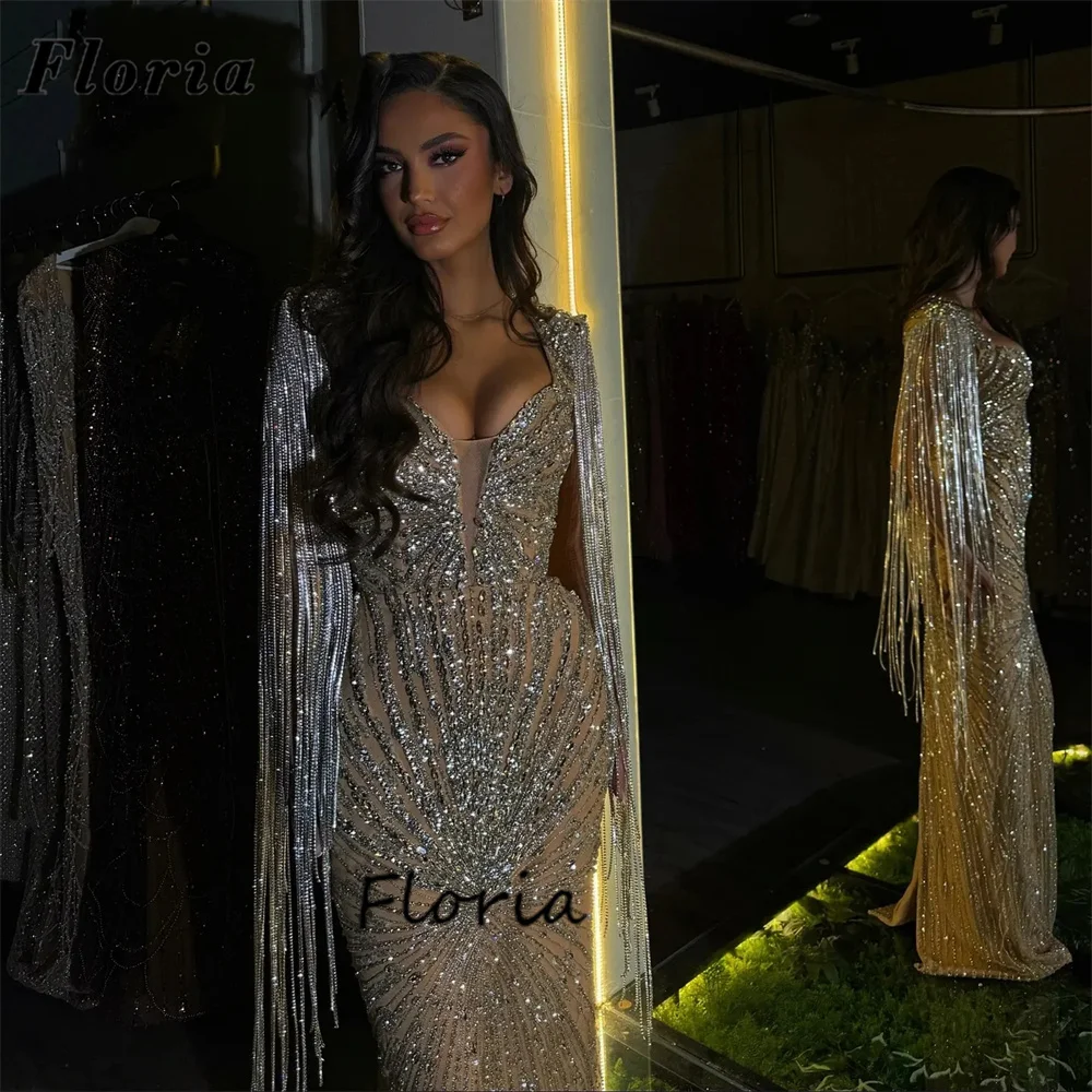 Elegant Silver Mermaid Evening Dresses Cape Long Cloak Wedding Party Dress Dubai Beaded Prom Dress Vestidos De Cóctel Customized