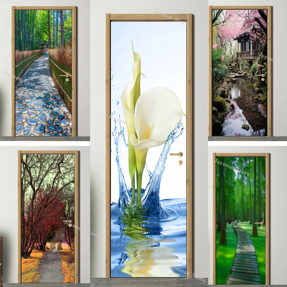 

Forest Sakura Path Door Sticker Waterfall Entrance Door Decoration Self-adhesive Poster Wallpaper Vinyl Door Home Decoration