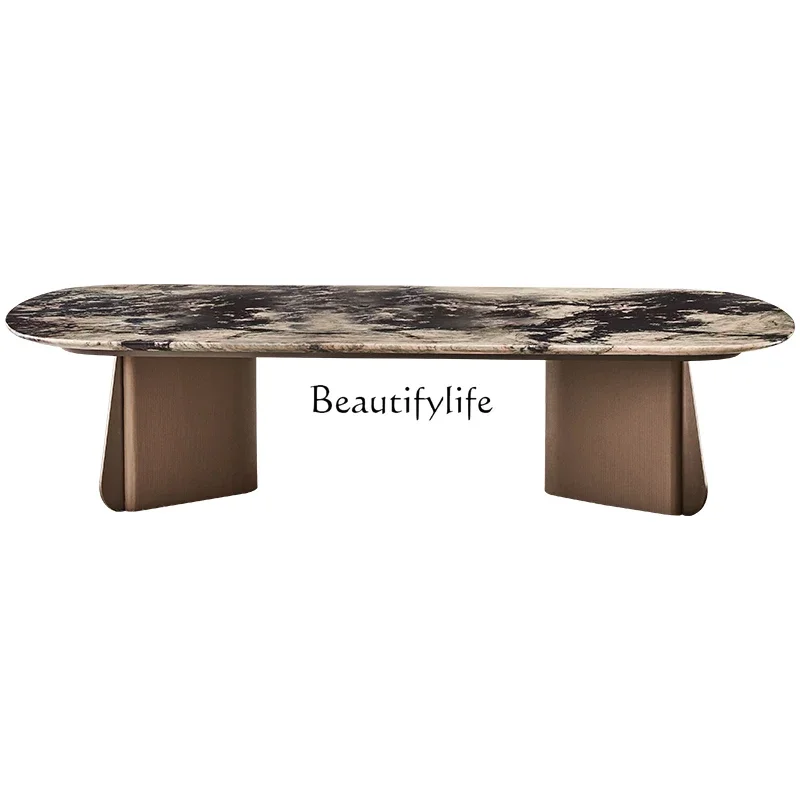 

Italian minimalist stainless steel coffee table rectangular high-end marble surface light luxury designer
