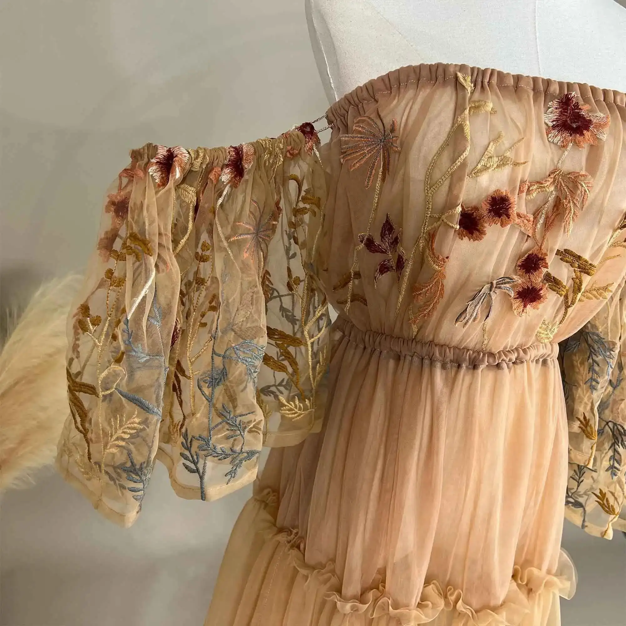 Don&Judy チュール刺繍ガウンドレス マタニティ写真撮影セッション写真ドレス 小道具 取り外し可能なライナー付き