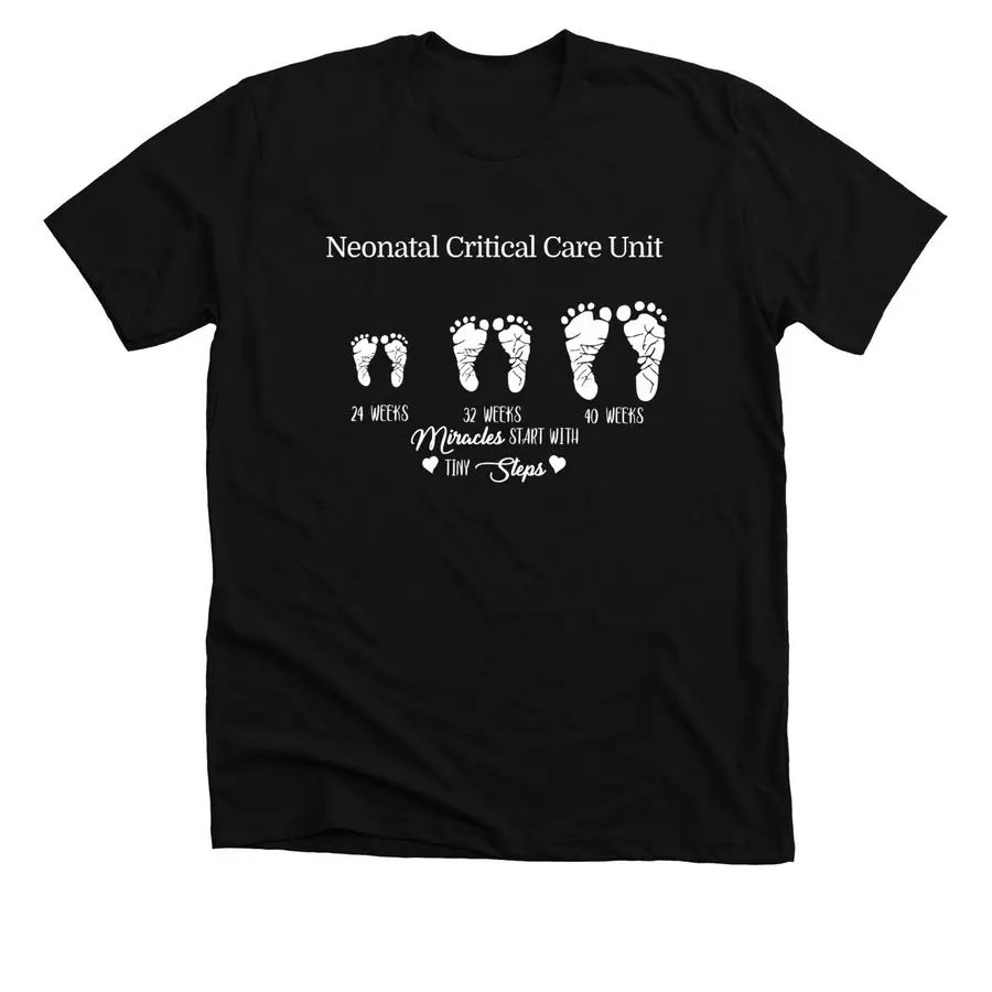 Men's All Cotton T-Shirt Black Medical Neonatal Critical Care Unit Graphic 24 32 40 Weeks Baby Footprints Tiny Steps Miracle